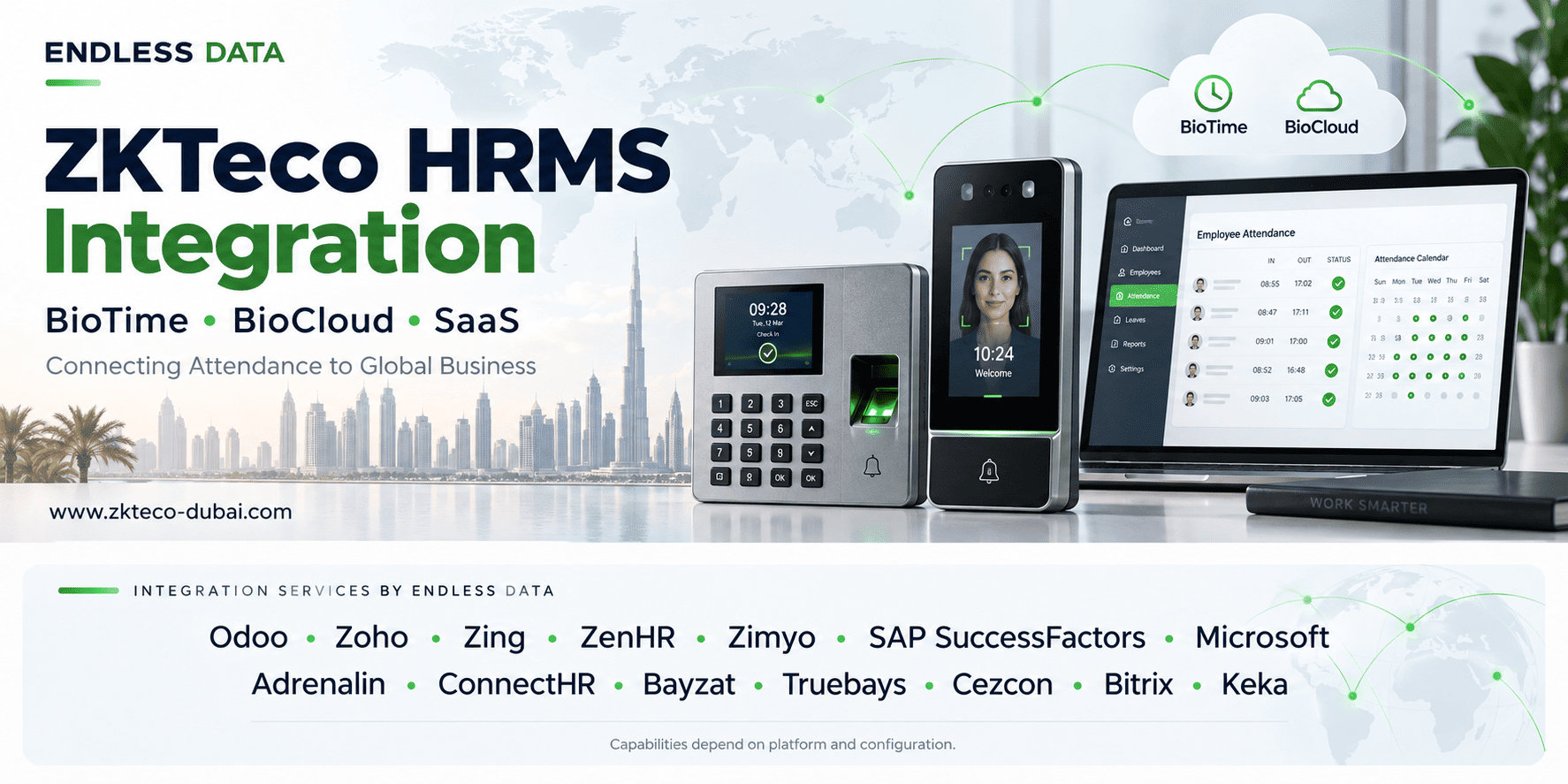 Endless Data ZKTeco HRMS integration with BioTime, BioCloud and SaaS platforms.