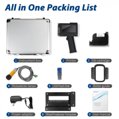 BENTSAI BT-HH6105B2 handheld inkjet printer packing list with carrying case, ink cartridge, photoelectric sensor, USB drive, roller guide, power adapter, templates and user manual