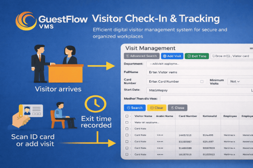 GuestFlow VMS visitor management system Dubai with ID scan check-in and real-time visitor tracking dashboard for UAE MENA Africa and KSA
