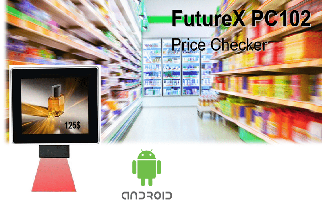 FutureX PC102 Android Price Checker supplier in Dubai UAE. 10.1-inch wall-mounted barcode scanner and digital signage for retail stores.