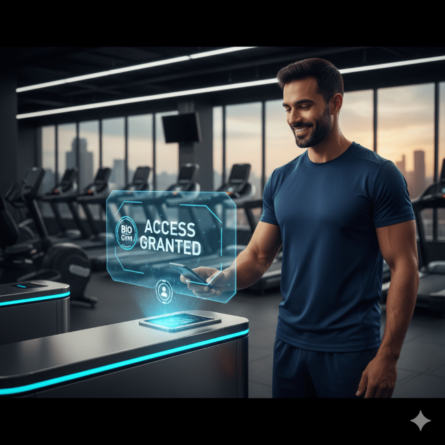 Gym member using Bio Gym mobile QR code for contactless entry through a ZKTeco smart turnstile, illustrating automated access granted verification for fitness centers in the Gulf and Africa