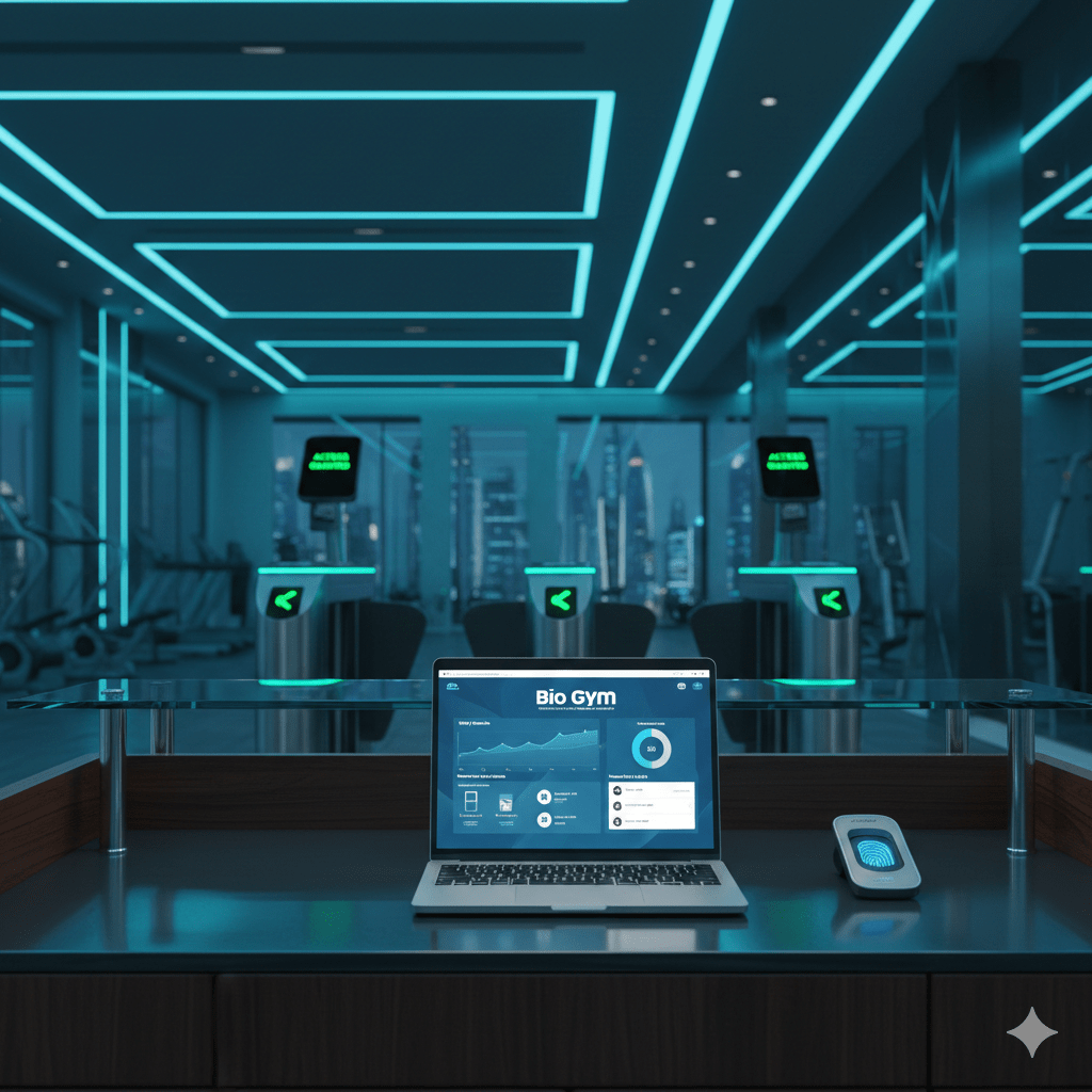 Bio Gym Management Software dashboard on a luxury gym reception desk in Dubai, featuring a ZKTeco biometric fingerprint scanner and Saturn-T1000 turnstiles in the background for secure access control.