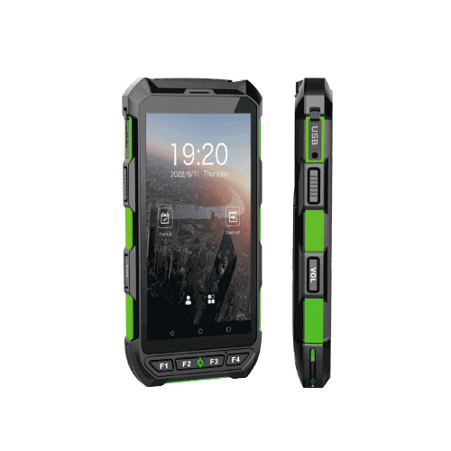 ZKTeco Horus H1 handheld attendance device displaying front screen, side buttons, and rugged industrial design.