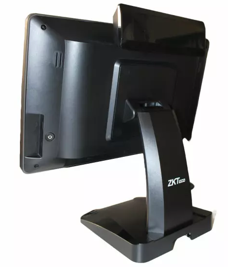 Rear view of ZKTeco SC01 POS terminal showing stable stand with hidden cable management and interface ports for reliable industrial retail hardware.