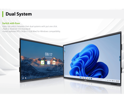 Dubai ZKTeco SC02-I3 Dual System Interactive Whiteboard in Dubai displaying seamless switching between Android 14 and Windows 11 OPS interfaces for smart business meetings.
