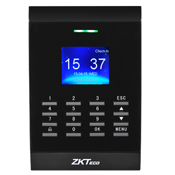 ZKTeco SC405 RFID access control terminal in Dubai UAE with 2-inch color display, PIN/password/card verification, USB data management, auxiliary input, tamper and duress alarms.