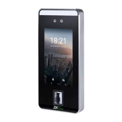 Side view of ZKTeco SpeedFace-V5 showing sleek design and dual-lens camera for enhanced facial recognition and touchless attendance in corporate and industrial environments.