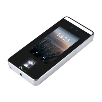 Angled view of ZKTeco SpeedFace-V5 terminal highlighting touch screen, fingerprint and RFID verification, ideal for secure access control and hygienic employee attendance in Dubai.