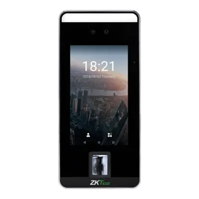ZKTeco SpeedFace-V5 facial recognition terminal with 5-inch touch display, dual-camera real-time detection, and multi-biometric verification for offices and industrial sites in Dubai.