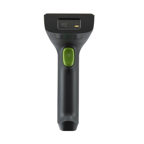 Front view of ZKTeco ZKB201S 2D image barcode scanner showing scanning lens and green trigger button, available from ZKTeco Dubai for retail use.
