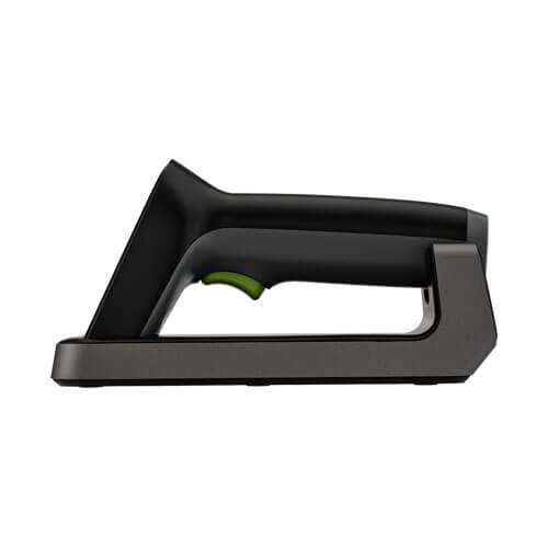 Side profile of ZKB203S handheld 2D scanner showing ergonomic grip, green trigger button, and compact magnetic charging base design.
