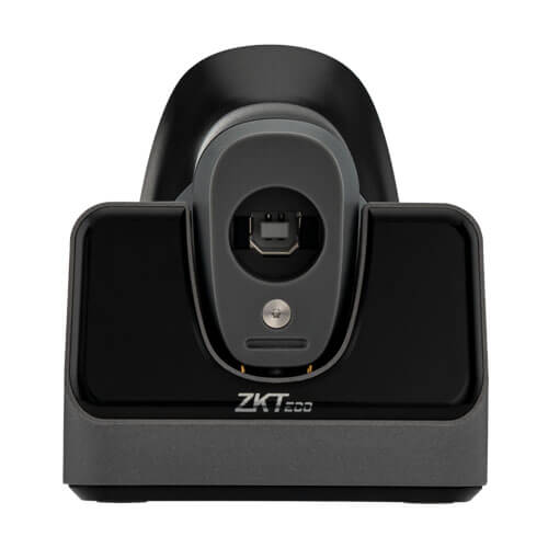 Front view of ZKTeco ZKB203S wireless barcode scanner docked in charging station, showing scanning lens and ZKTeco branding.