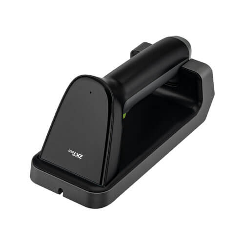 ZKTeco ZKB203S 2D wireless image barcode scanner resting in magnetic charging cradle, black design for retail POS and warehouse logistics.