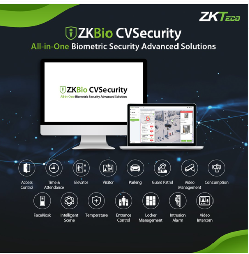  ZKTeco ZKBio CVSecurity all-in-one biometric security solution overview displaying modules for time attendance, visitor management, and elevator control in UAE.