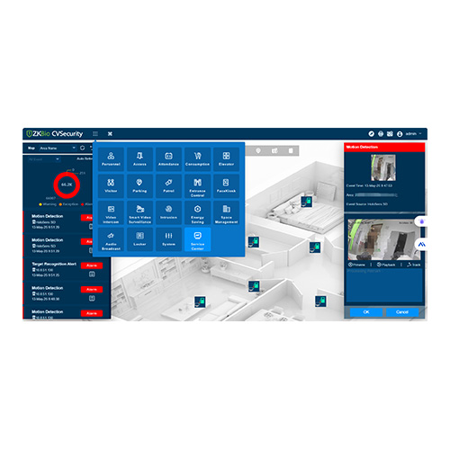 ZKBio CVSecurity web-based platform dashboard interface showing real-time access control monitoring and video linkage map for ZKTeco Dubai security systems.