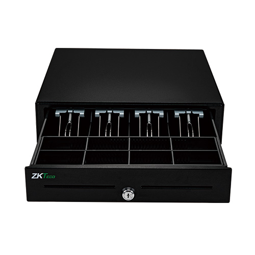 Front view of ZKTeco ZKC0408 POS drawer featuring 4 adjustable wire bill clips, dual check media slots, and secure 3-position key lock.
