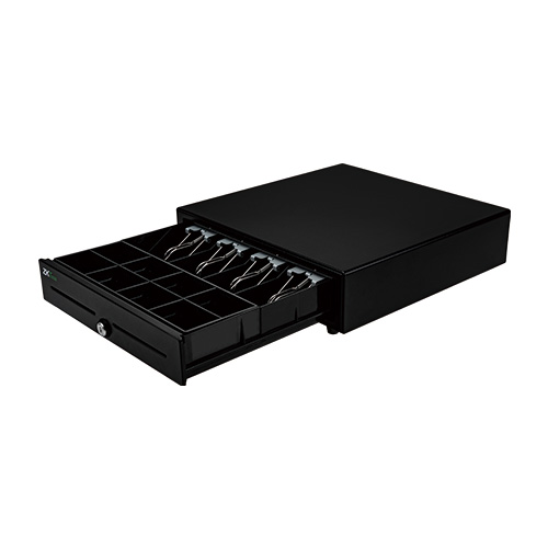 ZKTeco ZKC0408 open metal cash drawer side view displaying 4 bill compartments and 8 coin slots for efficient retail POS cash handling.
