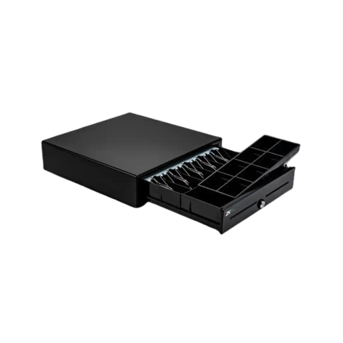 ZKTeco ZKC0508 open metal cash drawer displaying internal 5-bill compartments and removable 8-slot coin tray for efficient retail cash handling.