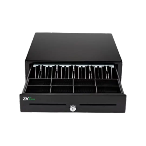 Front view of ZKTeco ZKC0508 POS drawer featuring dual media check slots and secure 3-position key lock for maximum asset safety.
