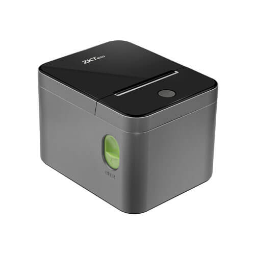 Side view of ZKTeco ZKP8012 high-speed receipt printer featuring scratch-resistant UV coating and easy-open latch.