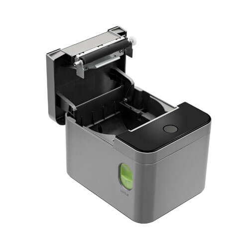 Open ZKTeco ZKP8012 thermal printer showing 80mm paper roll compartment and internal mechanism for POS systems.
